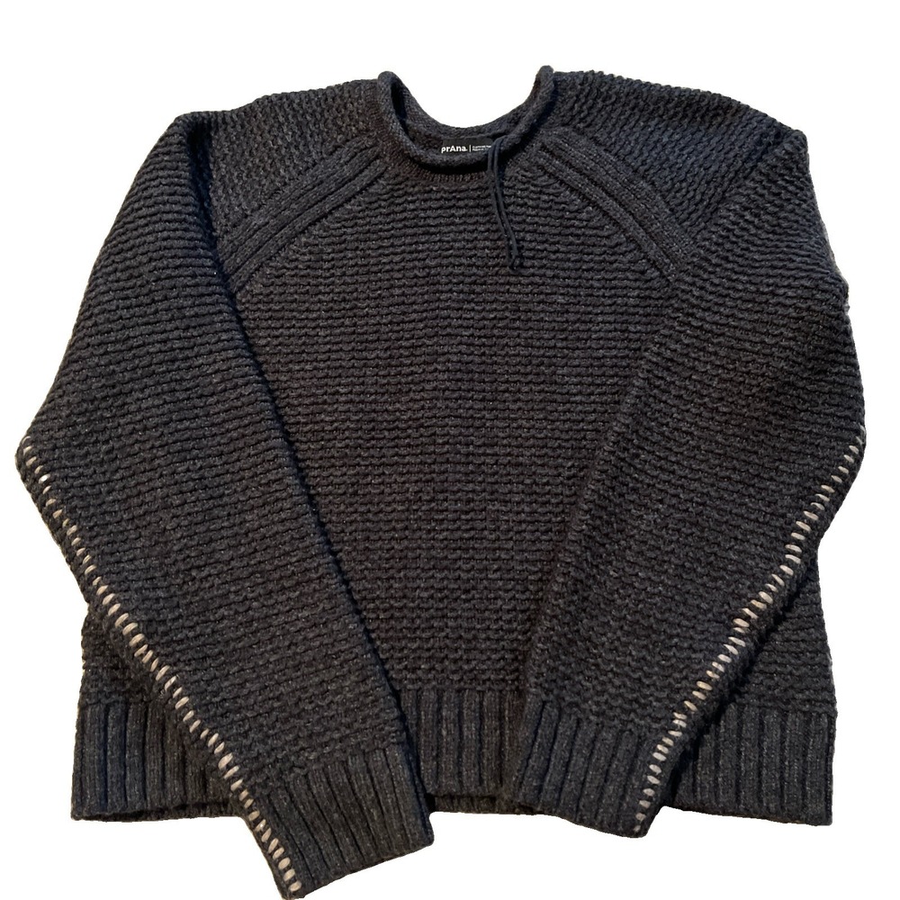 prAna Sweater Women’s Small Merino Wool Blend Chunky Knit Gray Contrast Stitch